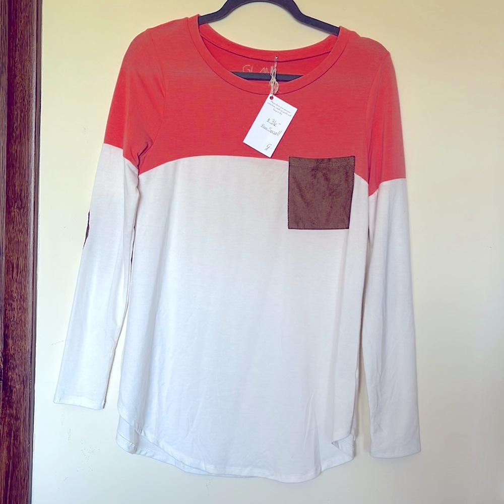 Peach and cream baseball tee with pocket an elbow detail